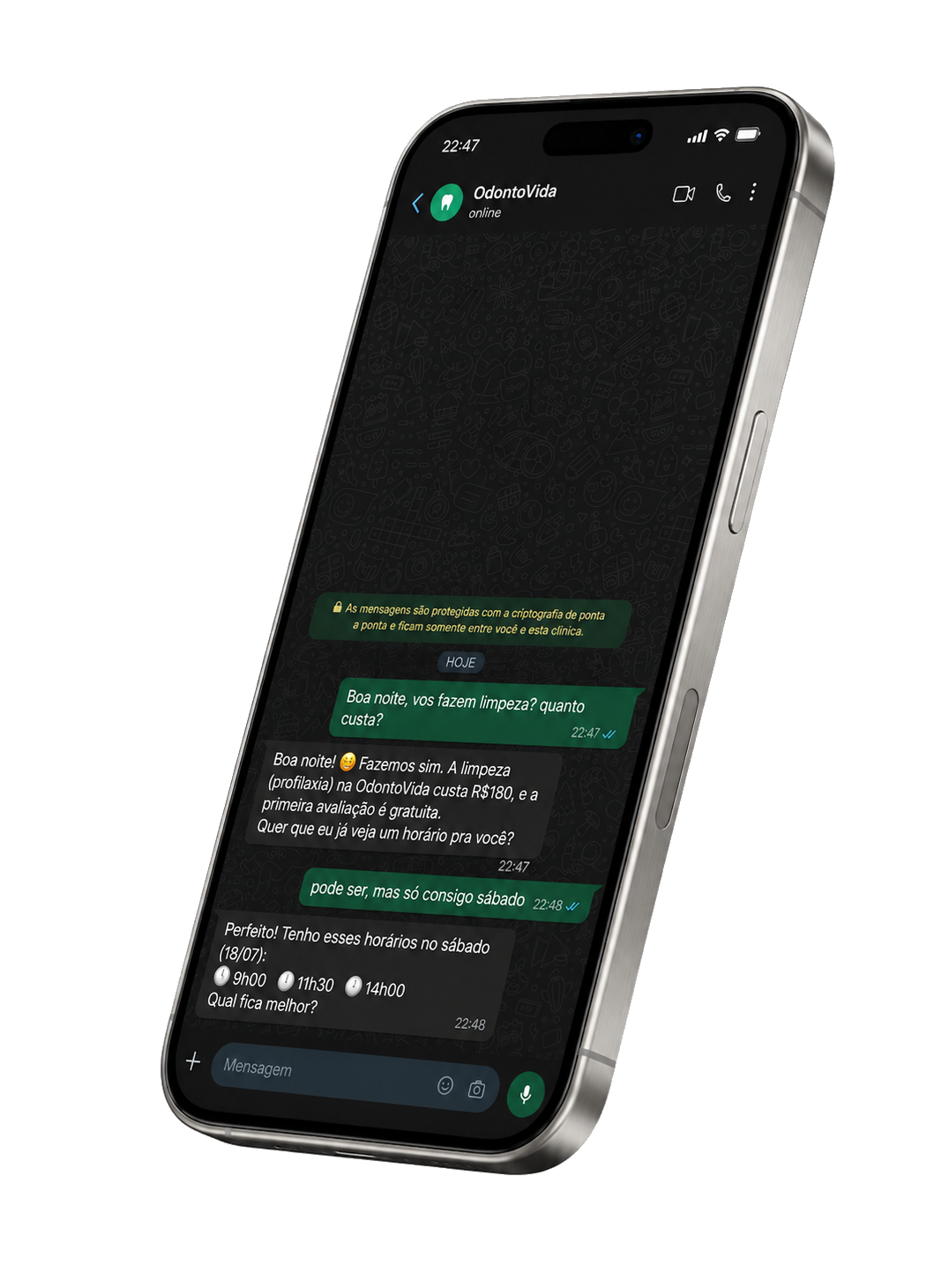 Teru respondendo no WhatsApp de uma clínica